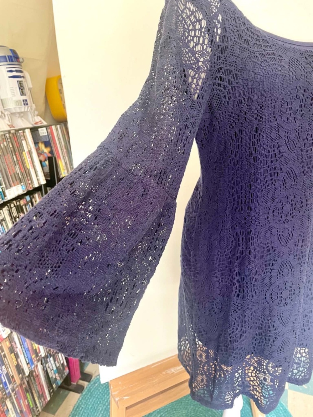 American Eagle Navy Blue Lace Bell Sleeve Boho Dress M